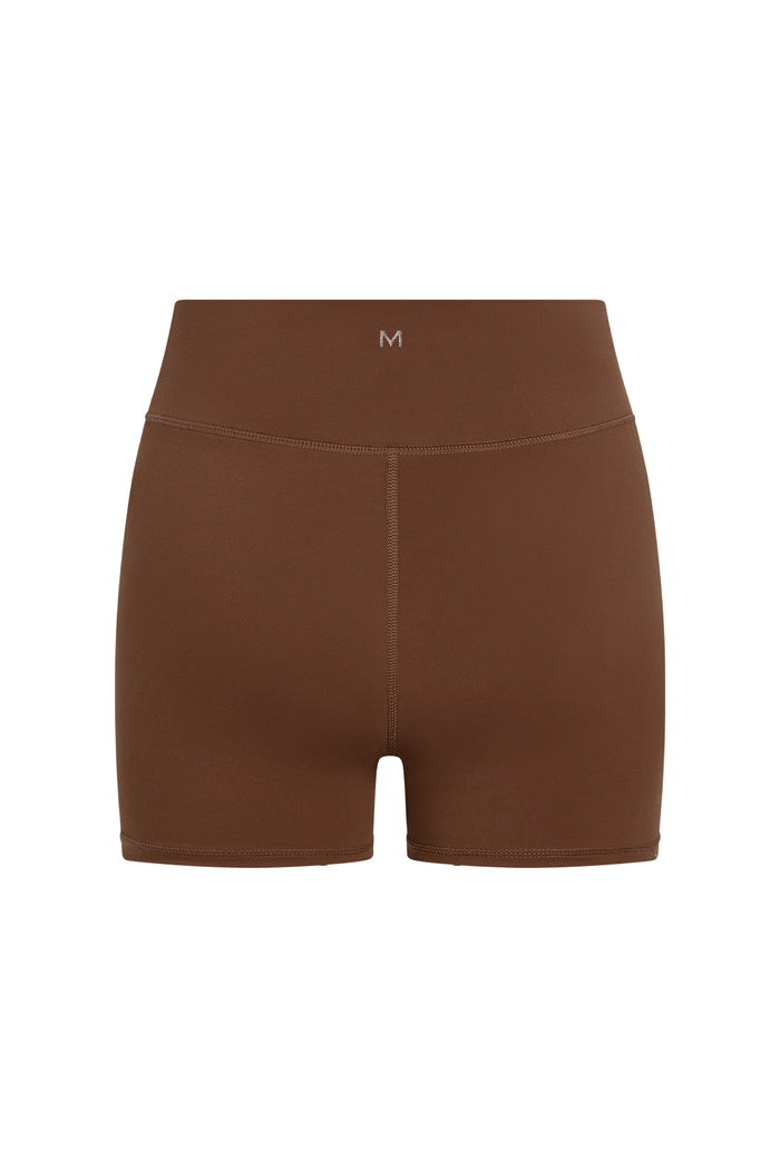 Front view of Griffith Short 6.25 inch in Cliffside brown showcasing high-rise waistband and smooth BodyLine Soft fabric on white background