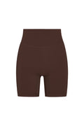 Front view of Griffith Short 6.25-inch in Espresso showing high-rise waistband and mid-thigh biker-short fit on white background