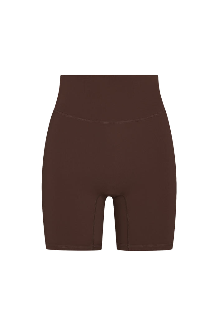 Front view of Griffith Short 6.25-inch in Espresso showing high-rise waistband and mid-thigh biker-short fit on white background