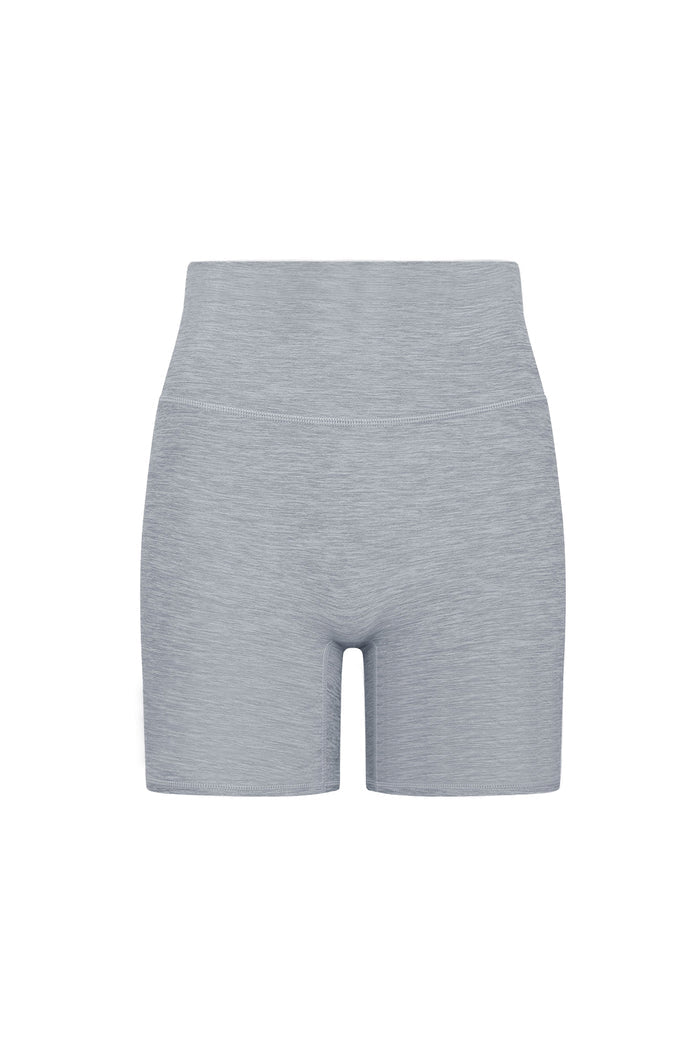 Front close-up of Griffith Short 6.25 inch in heather grey showing high-rise waistband and mid-thigh on white background