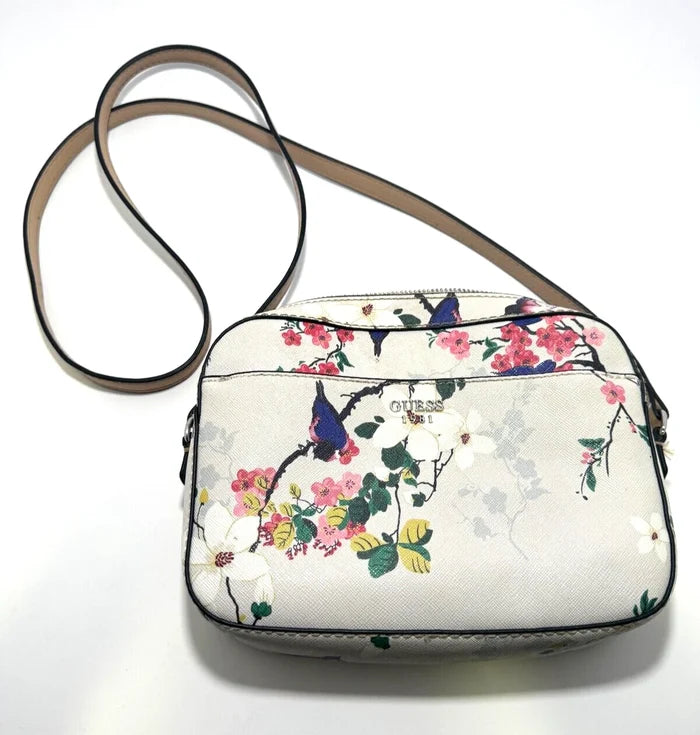 GUESS 1981 Women's Crossbody Handbag – White Floral Design Shoulder Purse