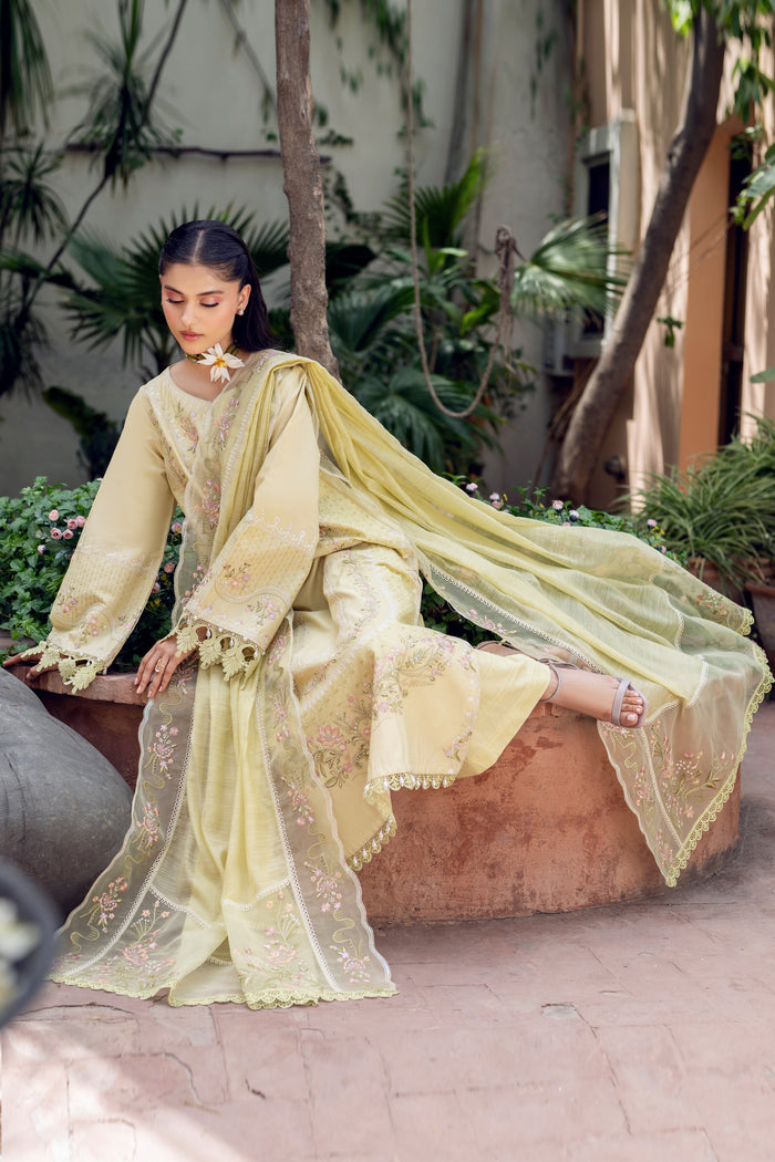 Model wearing full NAQSHI Gulshan 3PC: lime‑lemon Pima lawn shirt with embroidered neckline, loose embroidered sleeves, lace‑trim hem, culottes & organza dupatta