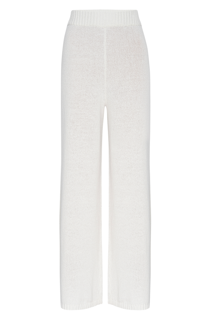 White knitted high-waist wide-leg pants with ribbed waistband and hem