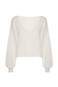 White V-neck cropped knit sweater with dropped shoulders and balloon sleeves
