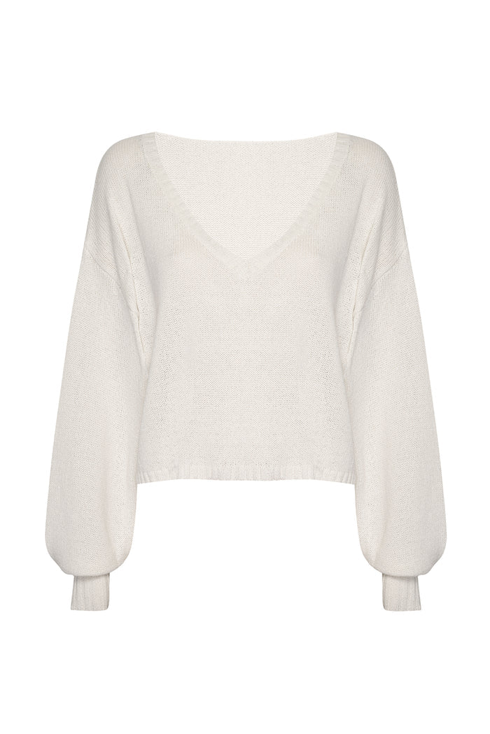 White V-neck cropped knit sweater with dropped shoulders and balloon sleeves