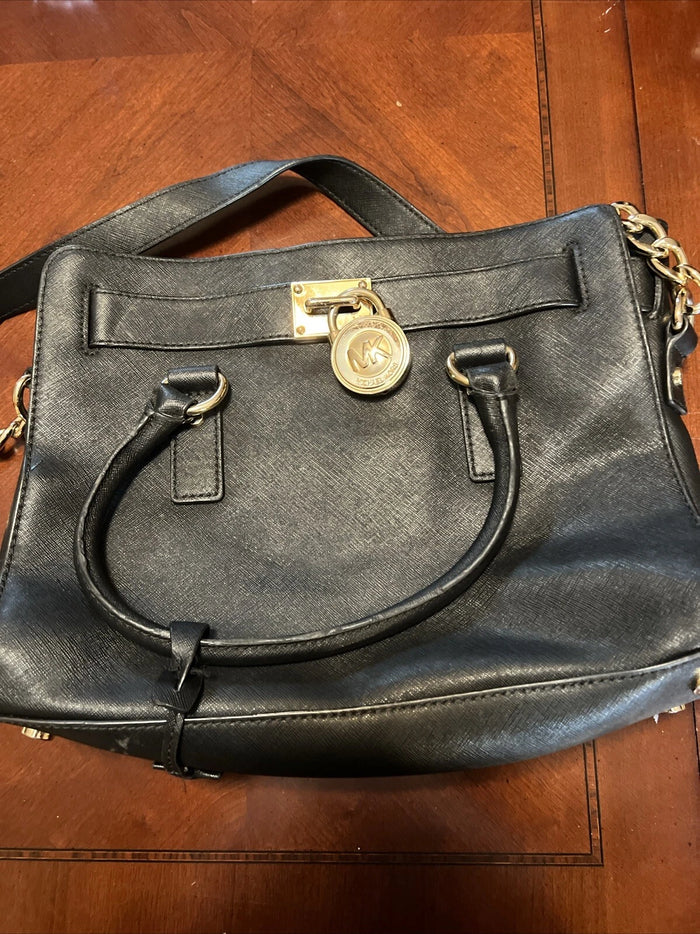 Michael Kors Hamilton Large Black Leather Satchel Handbag – Women's Shoulder Purse