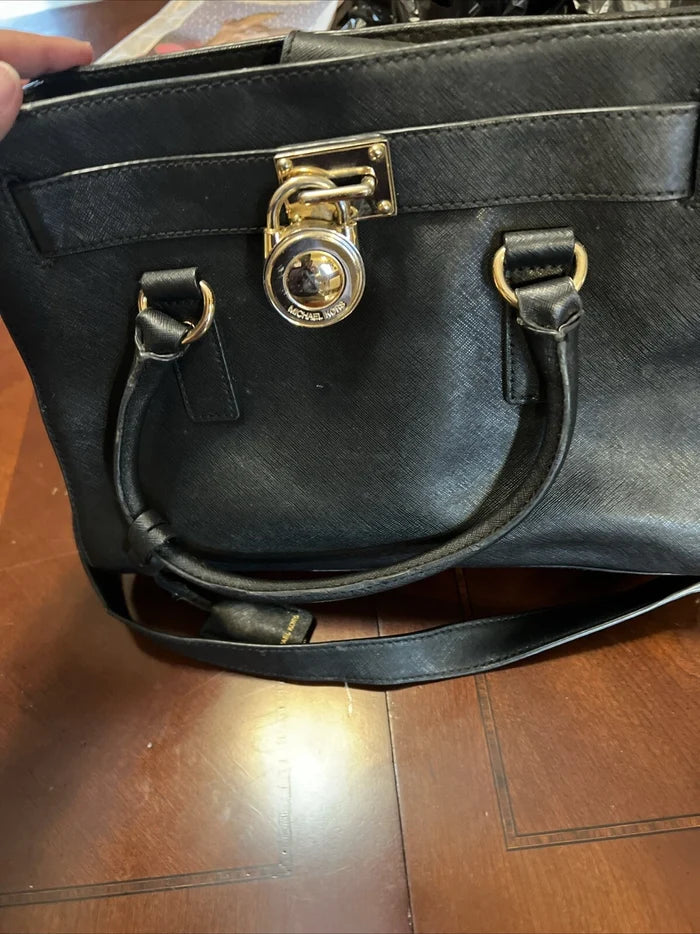 Michael Kors Hamilton Large Black Leather Satchel Handbag – Women's Shoulder Purse
