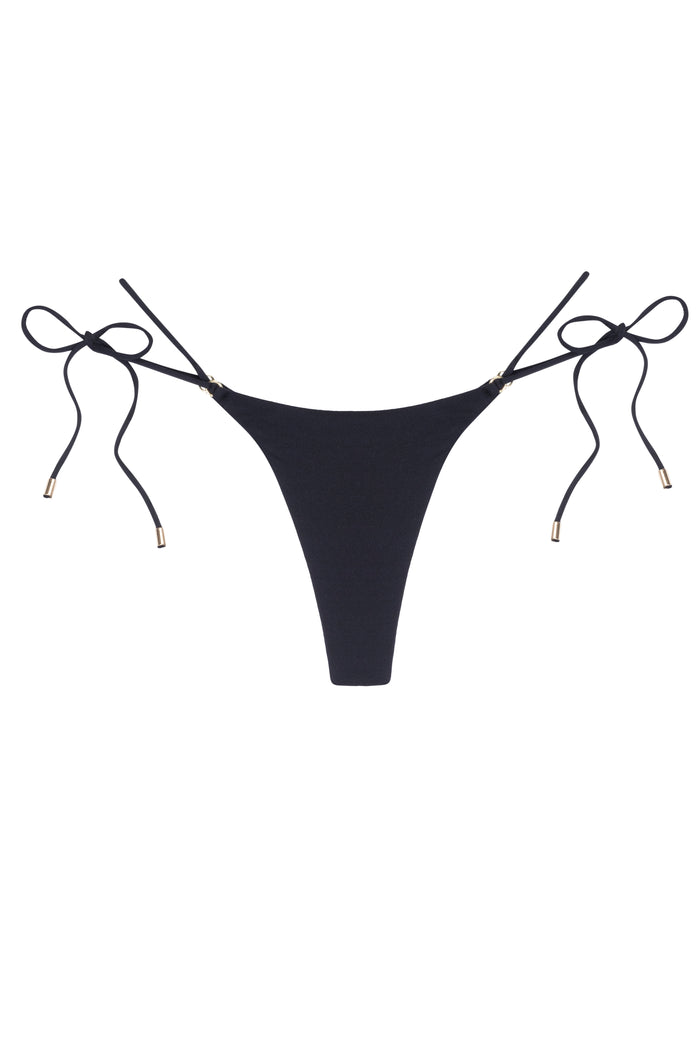 Front view of Hanalei Bottom in black showing narrow V front, adjustable tie sides and gold tone end caps on white background