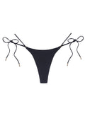 Front view of Hanalei Bottom in black showing narrow V front, adjustable tie sides and gold tone end caps on white background