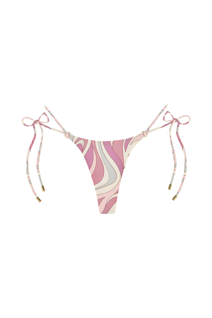 Front of Hanalei Bottom in Costa Rei Pink, minimal-coverage mid-rise with adjustable side ties and gold hardware on white