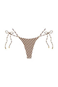 Front flat-lay of Hanalei Bottom in Husk Geo showing high-cut tie-side, brown-and-cream geometric print and gold aglets