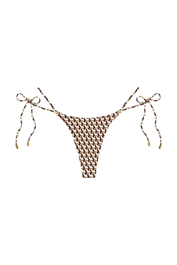 Front flat-lay of Hanalei Bottom in Husk Geo showing high-cut tie-side, brown-and-cream geometric print and gold aglets