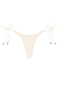 Front of Hanalei Bottom in Ivory Crochet, low-rise thong with adjustable side ties and gold hardware on white background