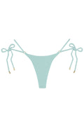 Front view of Hanalei Bottom - Light Slate Crinkle showcasing crinkle textured fabric and side tie strings with gold tips on white background