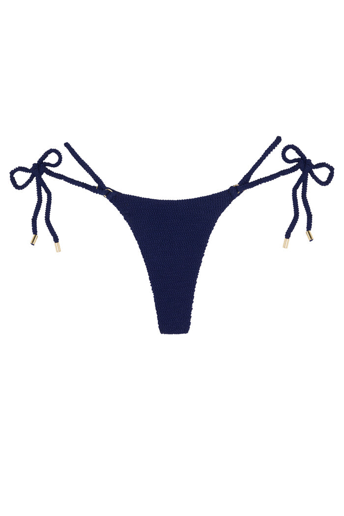 Navy crocheted bikini bottom with rope side ties and gold metal end caps