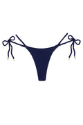 Navy crocheted bikini bottom with rope side ties and gold metal end caps