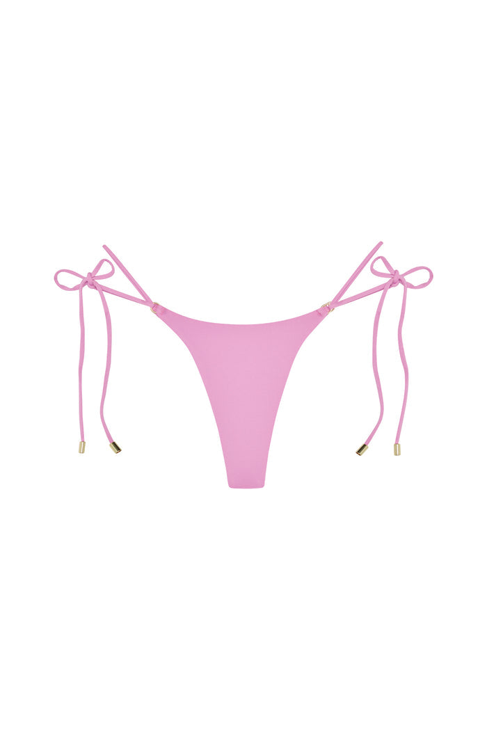 Front view of Hanalei bottom Moonlight, mid-rise minimal coverage with adjustable side ties and gold hardware on white