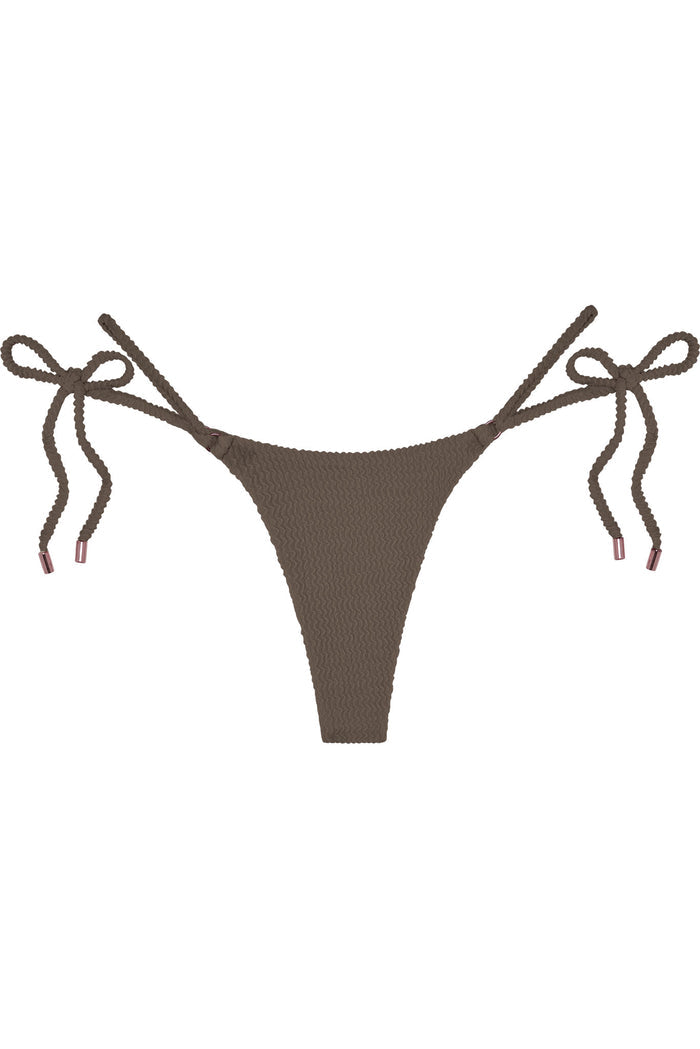 Front view of Hanalei bottom in Stone Crinkle showing crinkled textured fabric and braided tie-side straps on white background