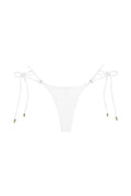 Front view of Hanalei bottom in white rib showcasing ribbed fabric, adjustable side ties with gold hardware, minimal coverage