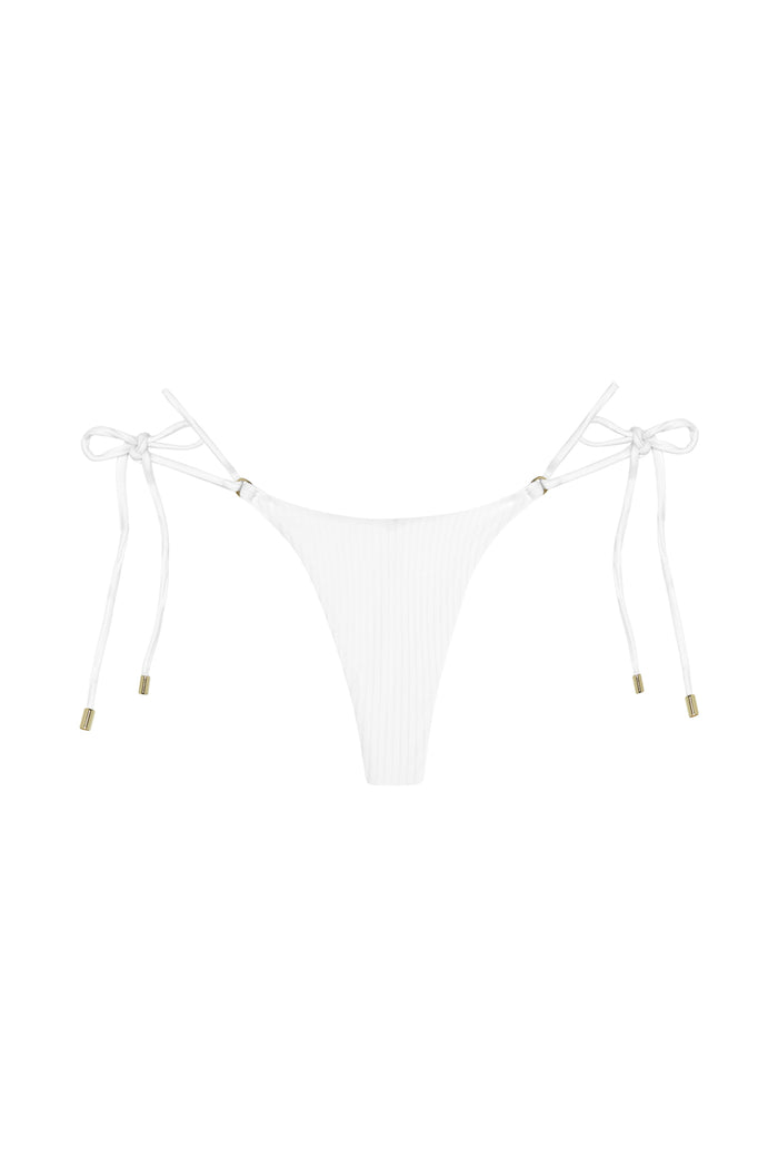 Front view of Hanalei bottom in white rib showcasing ribbed fabric, adjustable side ties with gold hardware, minimal coverage