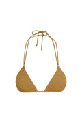 Front view of Hanalei Top bikini top, antique gold lurex rib, triangle cups, halter ties with gold tips on white background