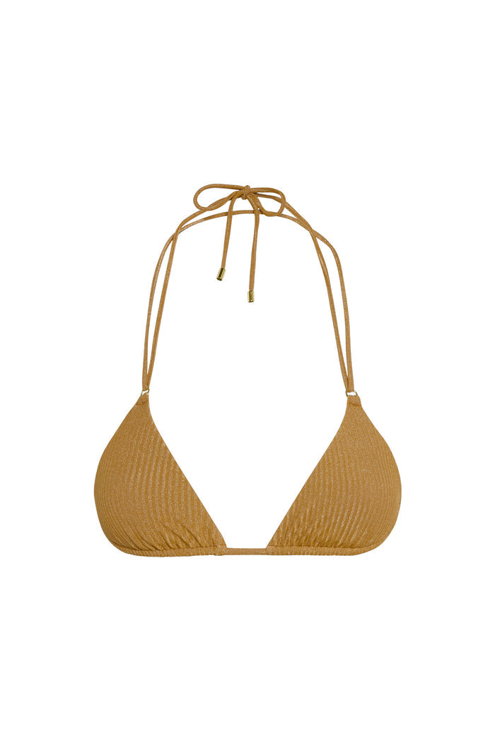 Front view of Hanalei Top bikini top, antique gold lurex rib, triangle cups, halter ties with gold tips on white background