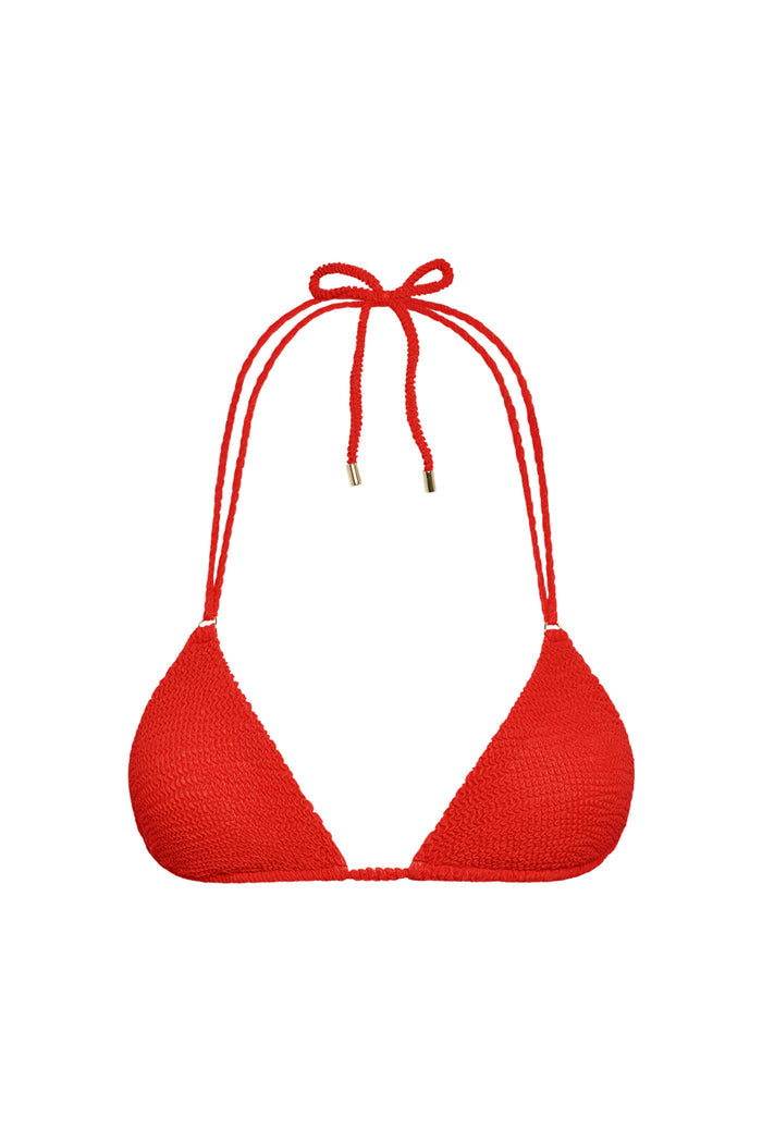 Front view of Hanalei Top in Chili Pepper Crinkle, crinkle triangle cups and thin adjustable ties with gold hardware on white background
