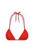 Front view of Hanalei Top in Chili Pepper Crinkle, crinkle triangle cups and thin adjustable ties with gold hardware on white background