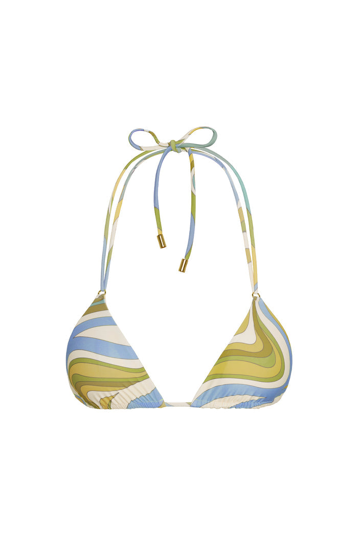 Front view of Hanalei Top in Costa Rei Apple print, tie-neck halter, triangle cups, gold cord tips on white