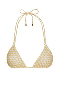 Front view of Hanalei Top in Ivory Geo showing triangle cups and thin adjustable halter tie with gold end caps on white