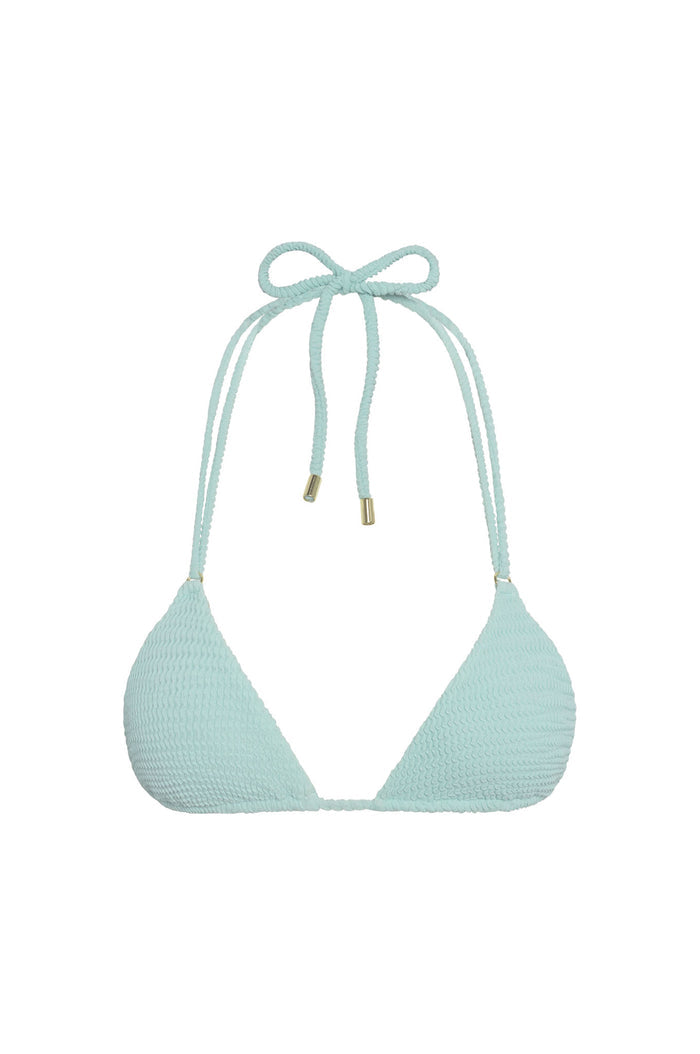 Front view of Hanalei Top triangle bikini in light slate crinkle with textured fabric and halter tie with gold tips on white