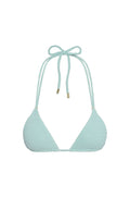 Front view of Hanalei Top triangle bikini in light slate crinkle with textured fabric and halter tie with gold tips on white