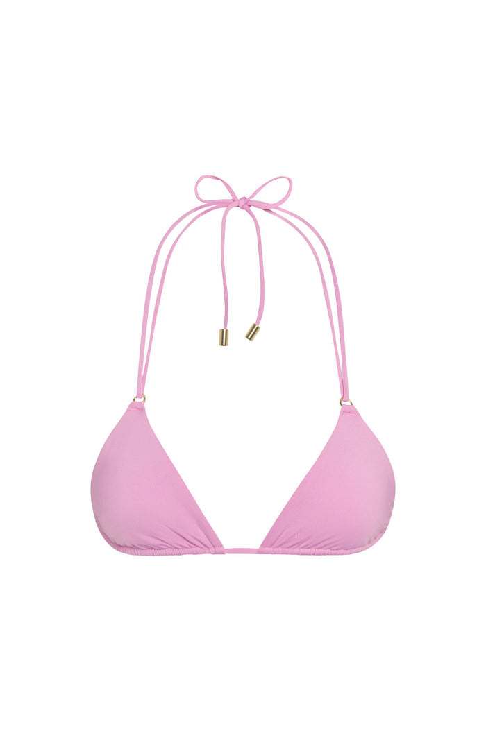 Front of Hanalei Top in Moonlight, triangle cups with removable padding and adjustable tie straps with gold hardware on white