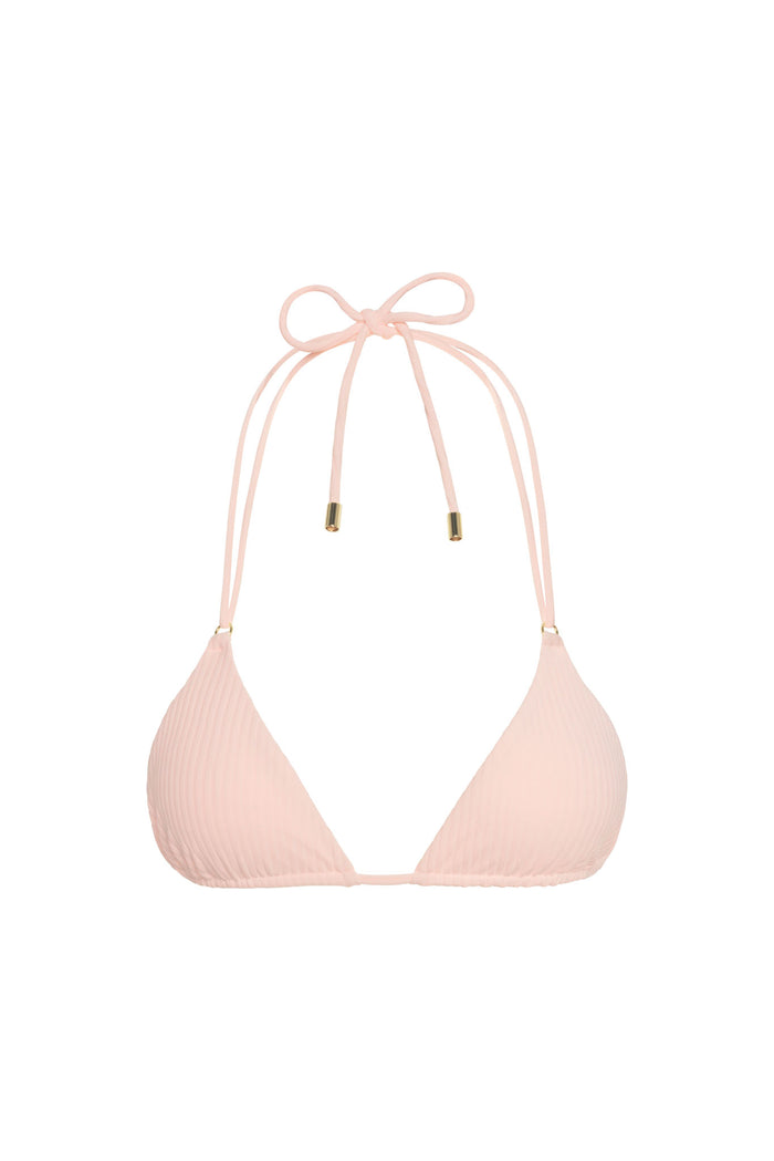 Front view of Hanalei Top, powder pink rib, triangle cups with ribbed texture and halter ties with gold tips on white
