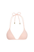 Front view of Hanalei Top, powder pink rib, triangle cups with ribbed texture and halter ties with gold tips on white