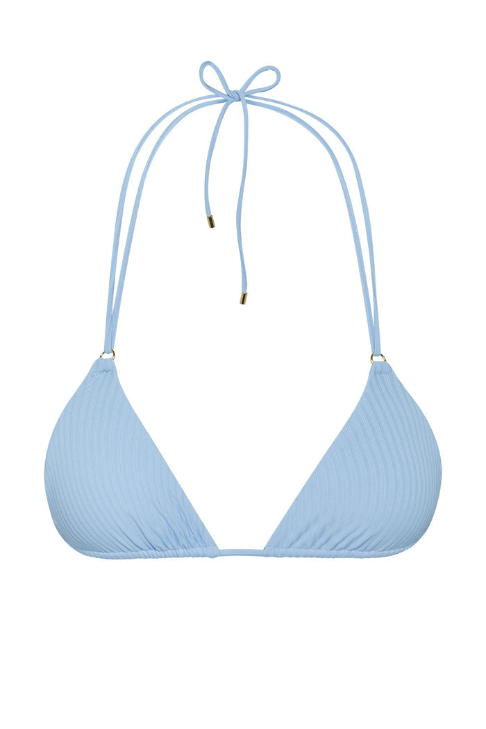 Front view of Hanalei Top in Sky Rib showing ribbed triangle cups and adjustable neck and back ties with gold hardware