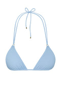 Front view of Hanalei Top in Sky Rib showing ribbed triangle cups and adjustable neck and back ties with gold hardware