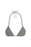 Front view of Hanalei Top in Steel Lurex Rib showing ribbed lurex fabric, triangle cups and halter tie on white background