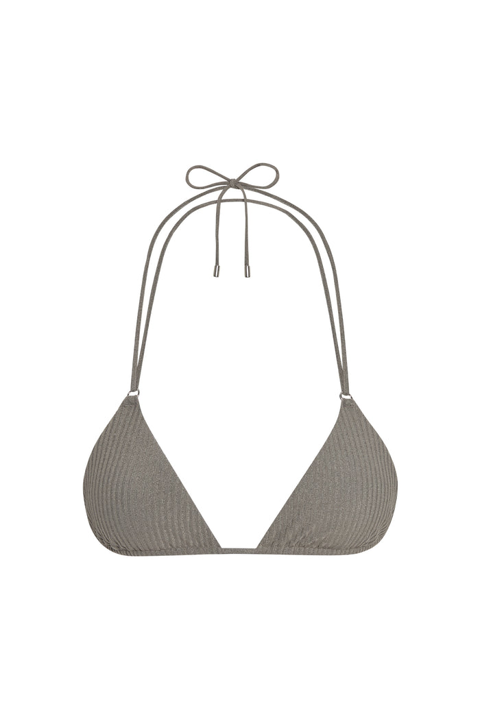 Front view of Hanalei Top in Steel Lurex Rib showing ribbed lurex fabric, triangle cups and halter tie on white background