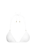 Front of Hanalei Top in optic white rib featuring triangle cups with removable padding, ribbed texture, and halter ties with gold hardware