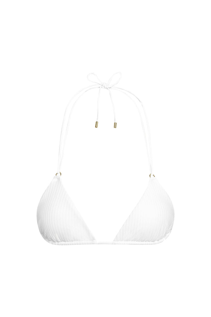 Front of Hanalei Top in optic white rib featuring triangle cups with removable padding, ribbed texture, and halter ties with gold hardware