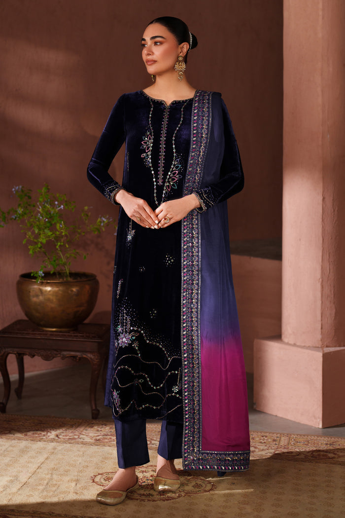 NAQSHI navy blue formal ready-to-wear 3-piece outfit with embroidered long shirt, matching trousers, and contrast dupatta for evening and party wear