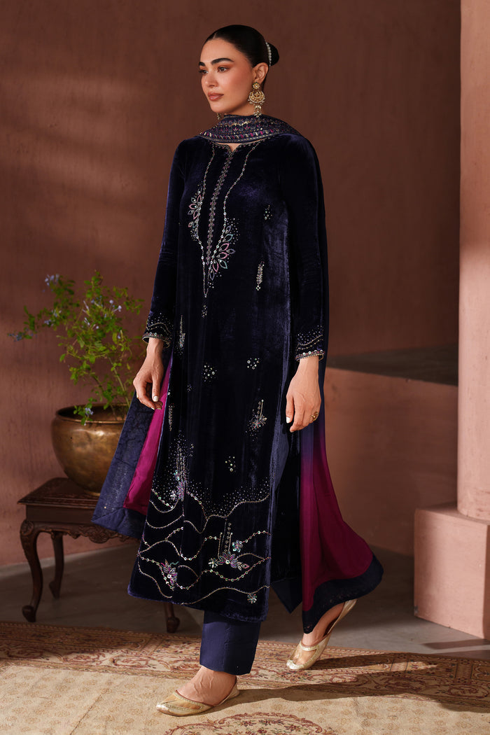 Front full-length view of NAQSHI navy blue formal stitched outfit showing straight embroidered shirt and clean silhouette