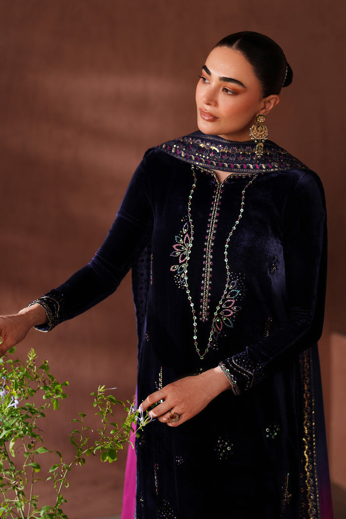 Woman in a dark blue embroidered traditional outfit against a brown background