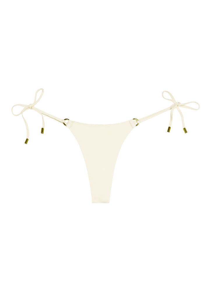 Cream-colored tie-side thong bikini bottom with gold-tone metal tip accents