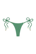 Green textured tie-side bikini bottom with gold-tipped side ties on white background.