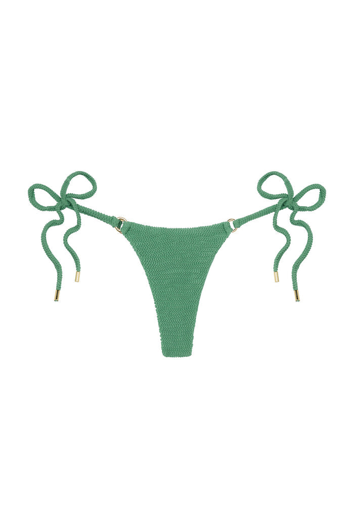 Green textured tie-side bikini bottom with gold-tipped side ties on white background.
