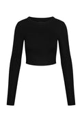 Black long-sleeve cropped ribbed top on white background