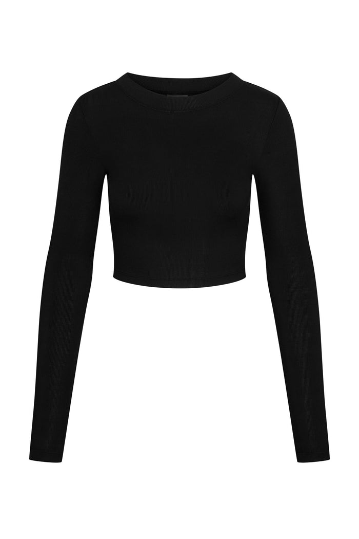Black long-sleeve cropped ribbed top on white background