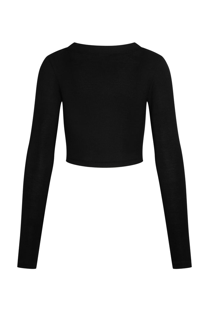 Back view of black ribbed long-sleeve cropped top